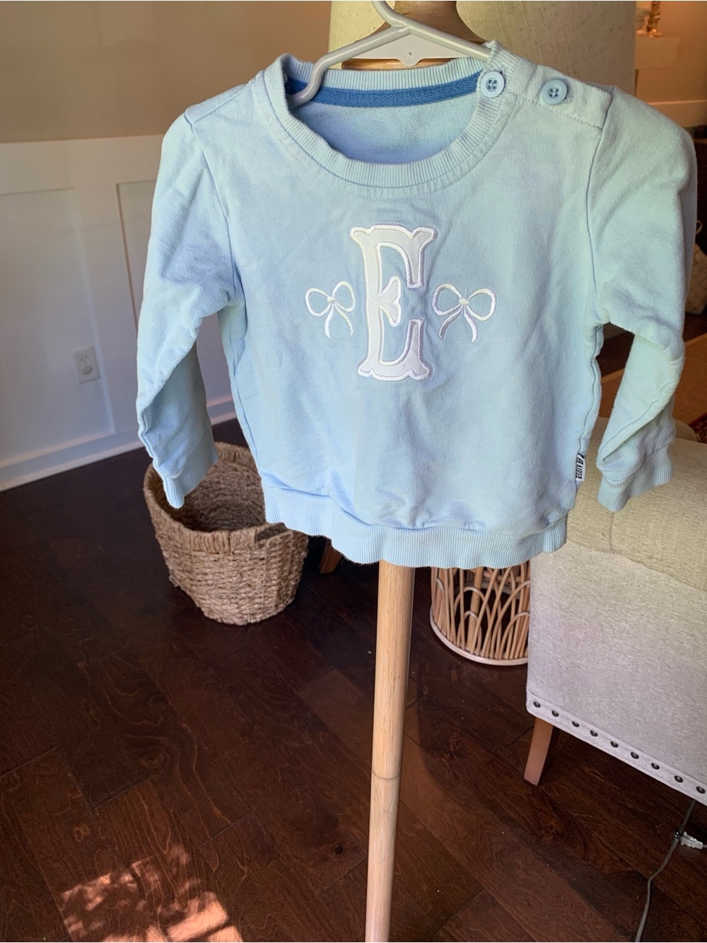 Girl’s “E” Light Blue Sweatshirt Top with Embroidered Bows